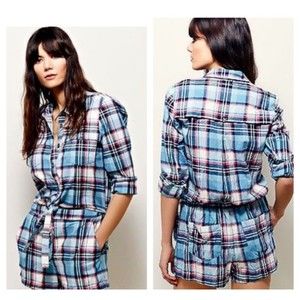 Free People Blue Plaid Romper Front Tie Size Medium